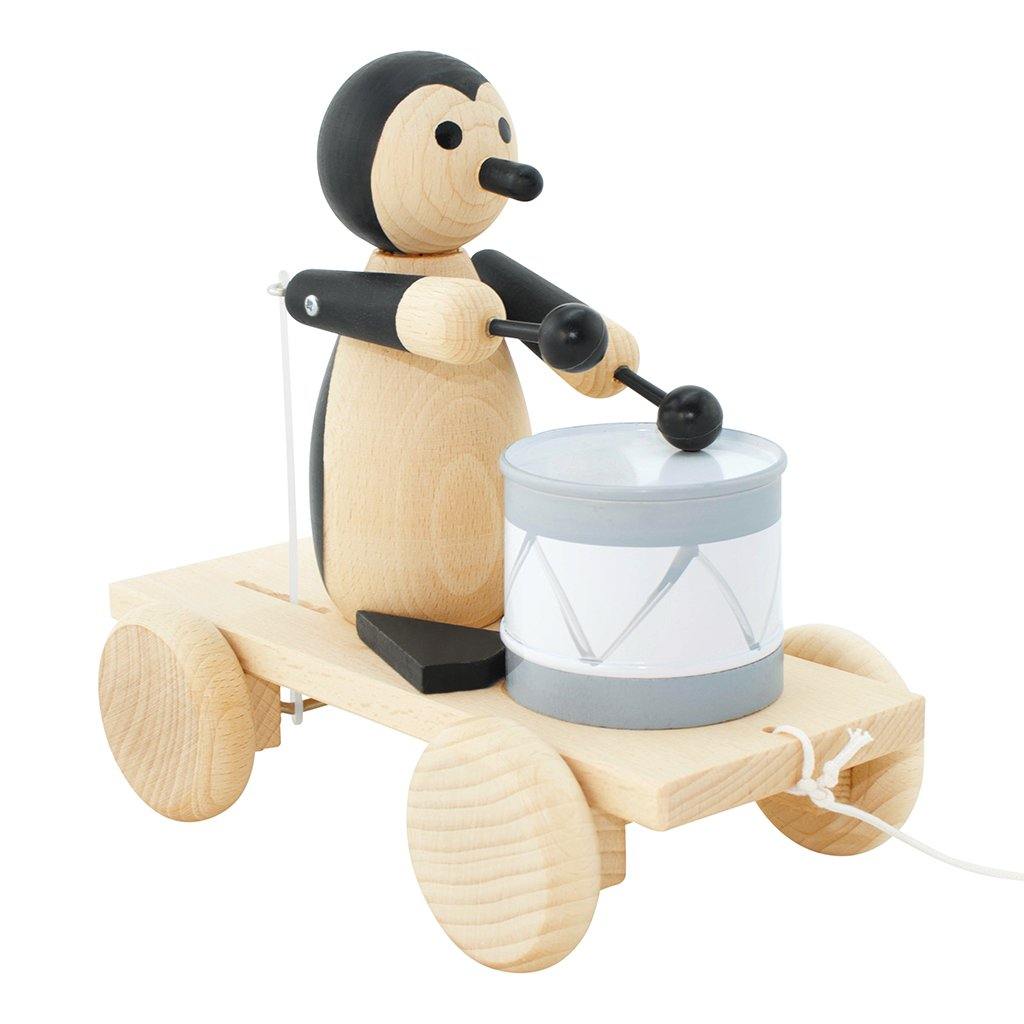 Wooden Pull Along Penguin With Drum - Big Head