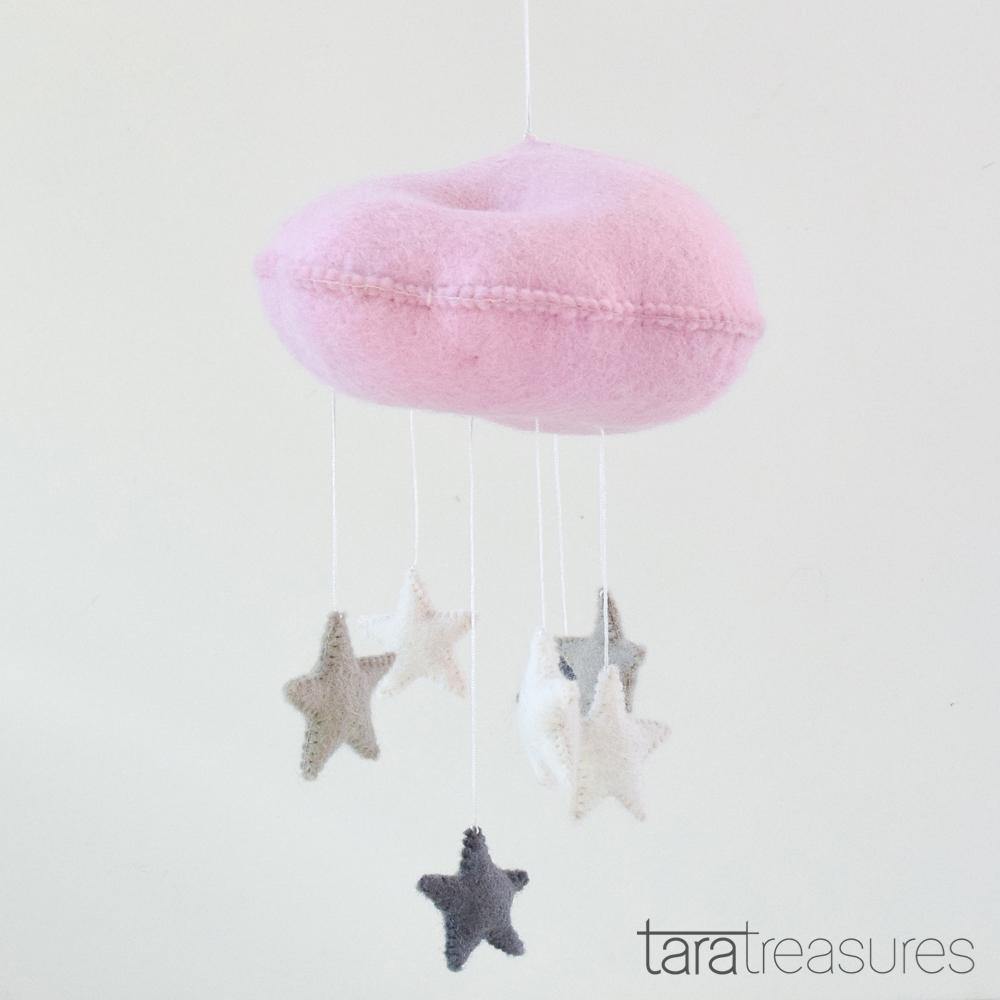 Cloud Nursery Mobile with Stars - 3D Pink - Big Head