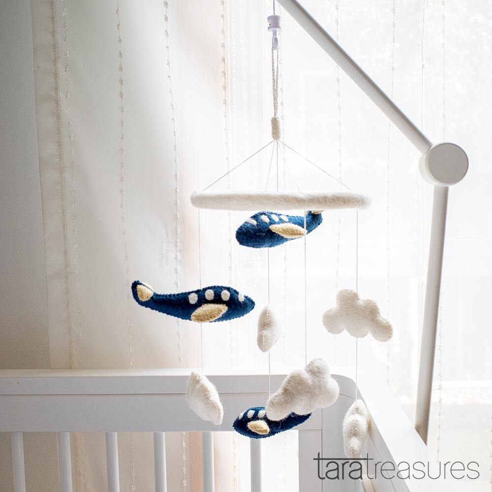 Nursery Cot Mobile - Navy Blue Airplanes - Big Head