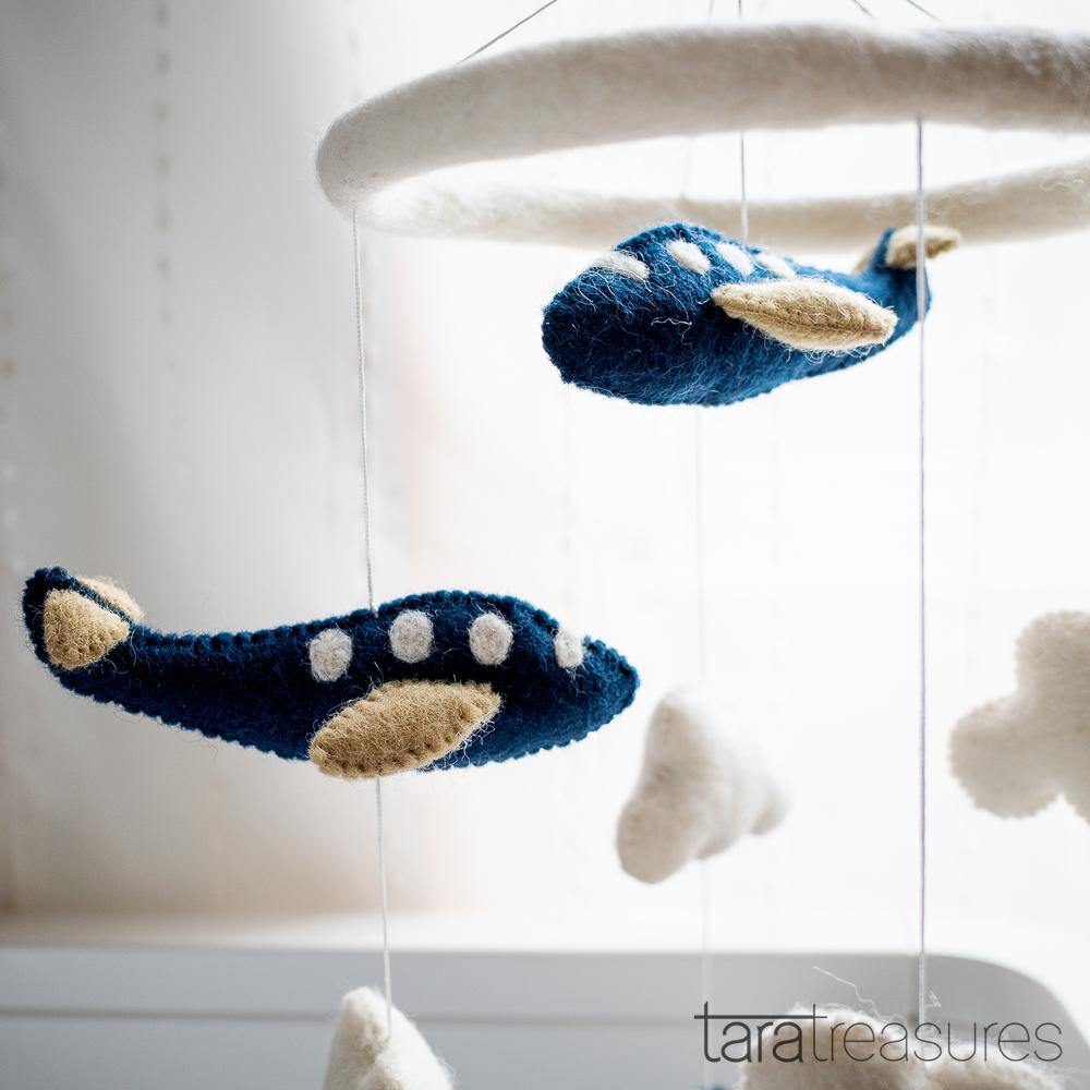 Nursery Cot Mobile - Navy Blue Airplanes - Big Head