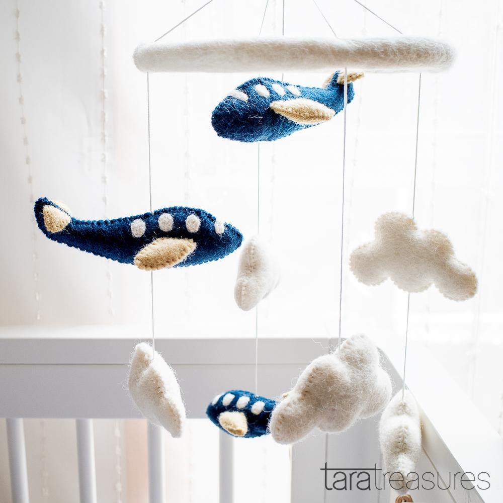 Nursery Cot Mobile - Navy Blue Airplanes - Big Head