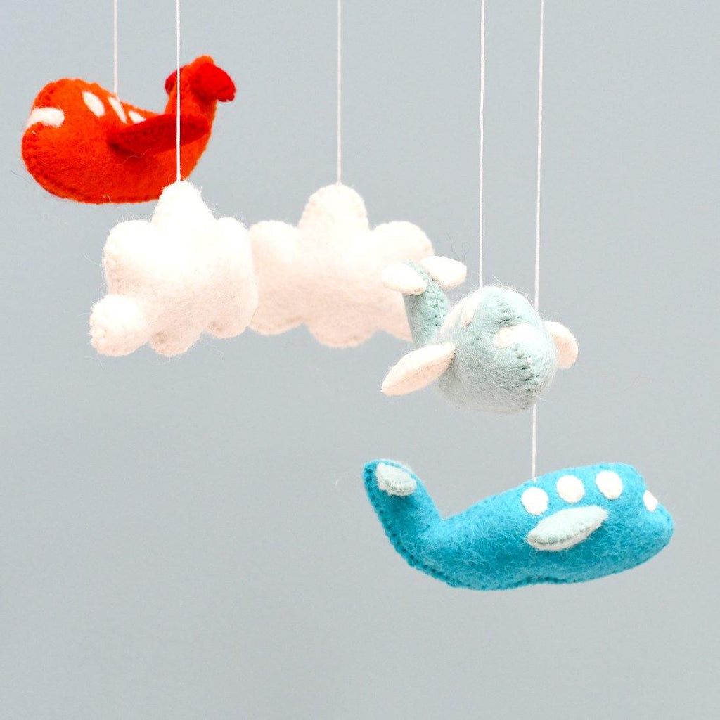 Nursery Cot Mobile - Red and Cyan Airplanes - Big Head