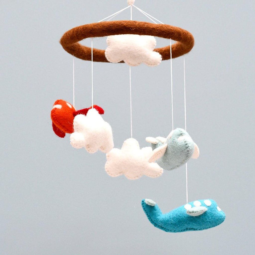 Nursery Cot Mobile - Red and Cyan Airplanes - Big Head