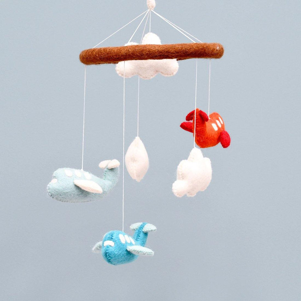 Nursery Cot Mobile - Red and Cyan Airplanes - Big Head