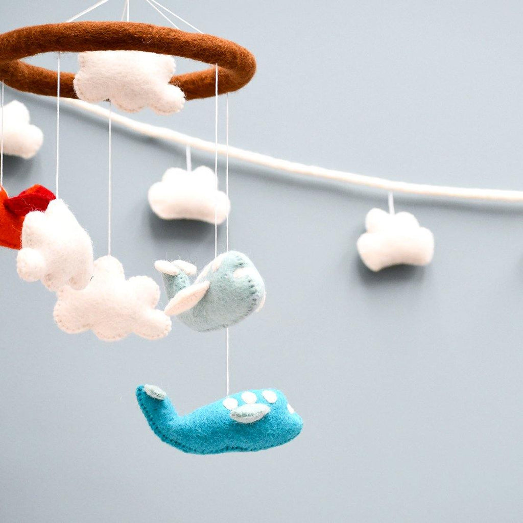 Nursery Cot Mobile - Red and Cyan Airplanes - Big Head