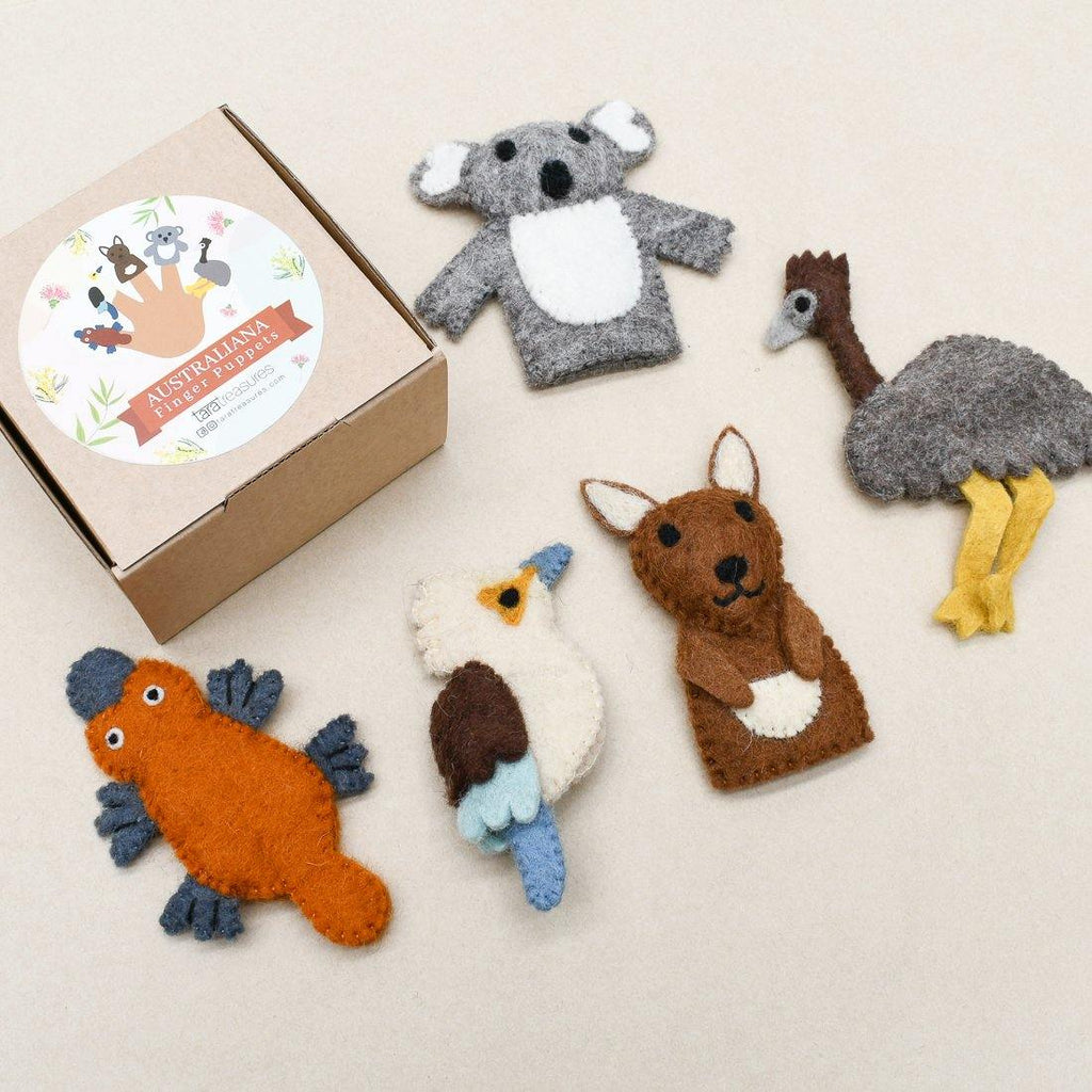 Australian animals finger puppets - koala, emu, kangaroo, kookaburra and platypus