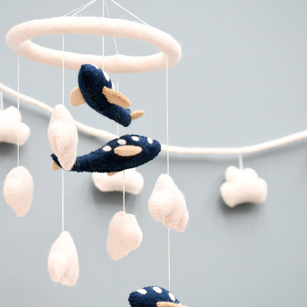 Nursery Cot Mobile - Navy Blue Airplanes - Big Head