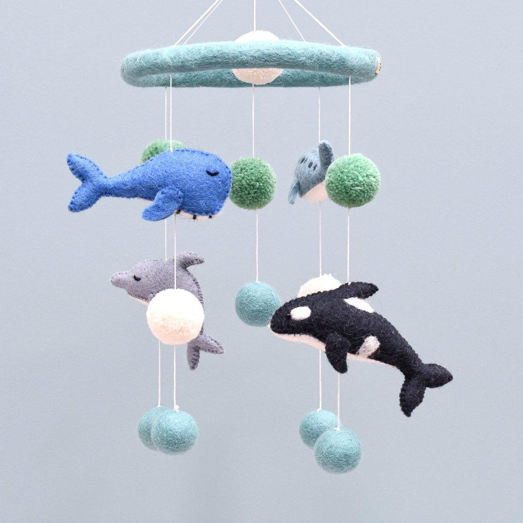 felt nursery cot mobile with the four gorgeous marine mammals - Narwhal, Orca (Killer Whale), Whale and Dolphin