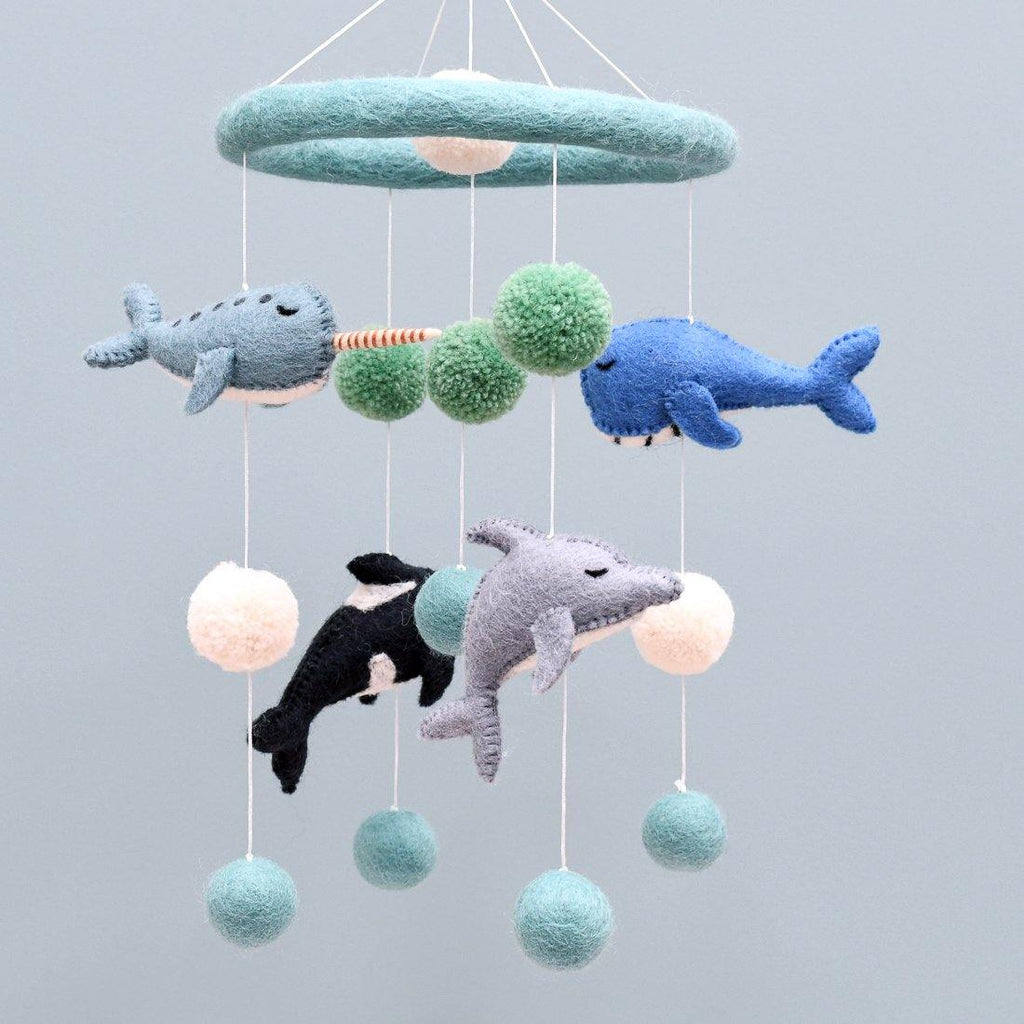felt nursery cot mobile with the four gorgeous marine mammals - Narwhal, Orca (Killer Whale), Whale and Dolphin