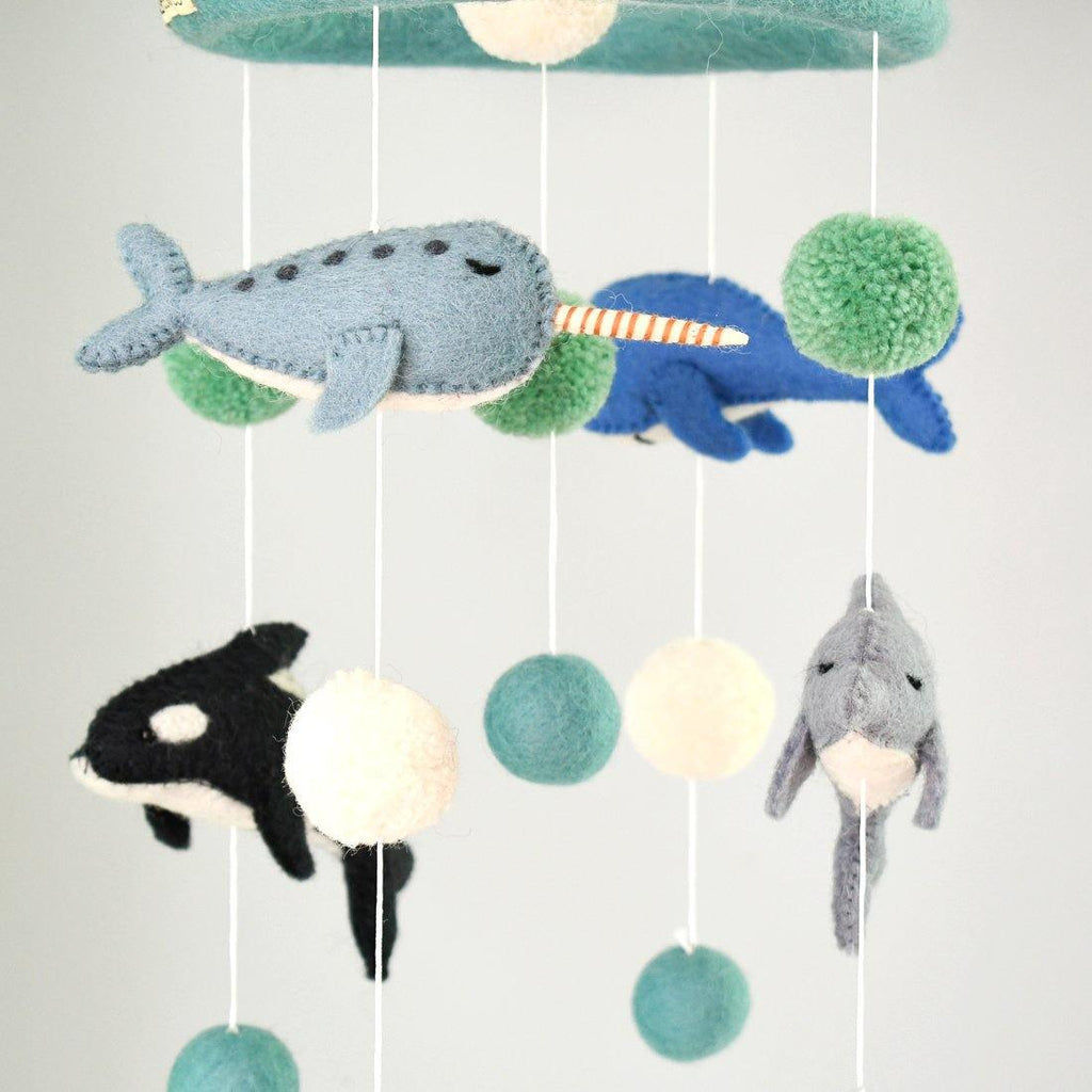 felt nursery cot mobile with the four gorgeous marine mammals - Narwhal, Orca (Killer Whale), Whale and Dolphin