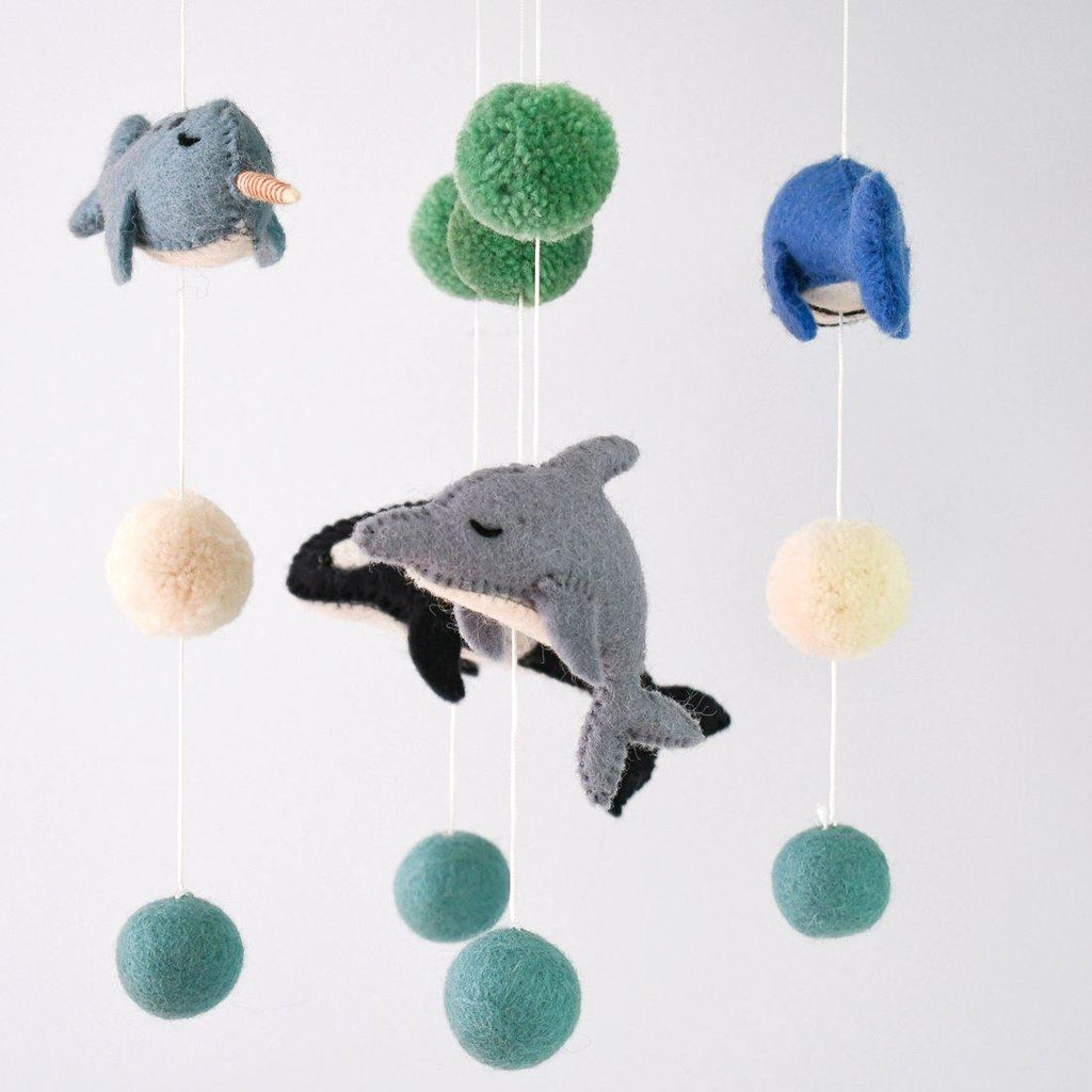 felt nursery cot mobile with the four gorgeous marine mammals - Narwhal, Orca (Killer Whale), Whale and Dolphin
