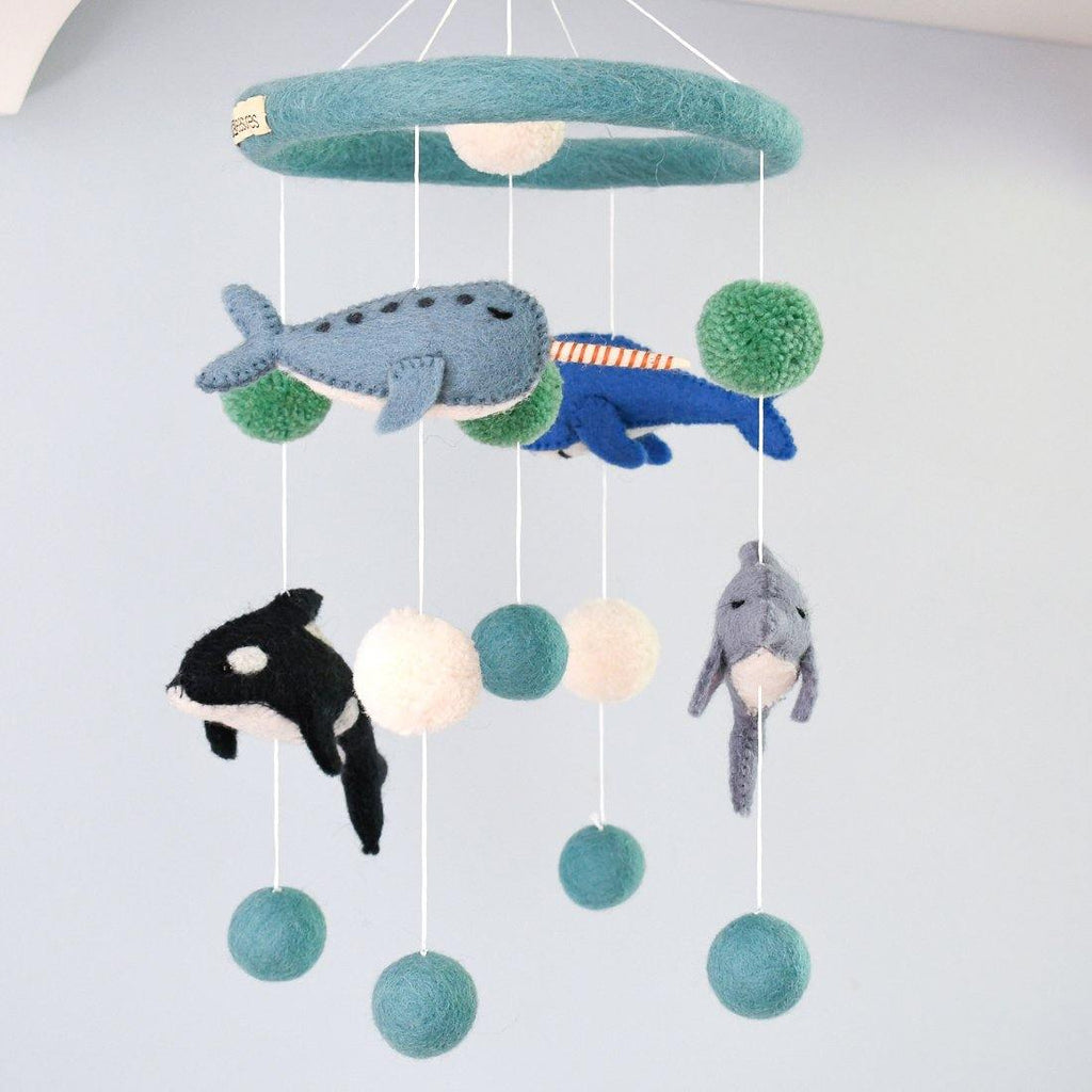 felt nursery cot mobile with the four gorgeous marine mammals - Narwhal, Orca (Killer Whale), Whale and Dolphin