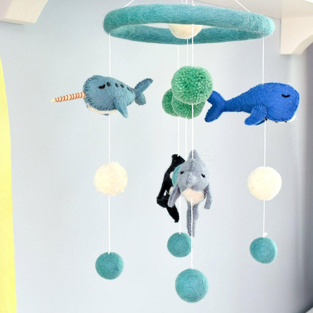 felt nursery cot mobile with the four gorgeous marine mammals - Narwhal, Orca (Killer Whale), Whale and Dolphin