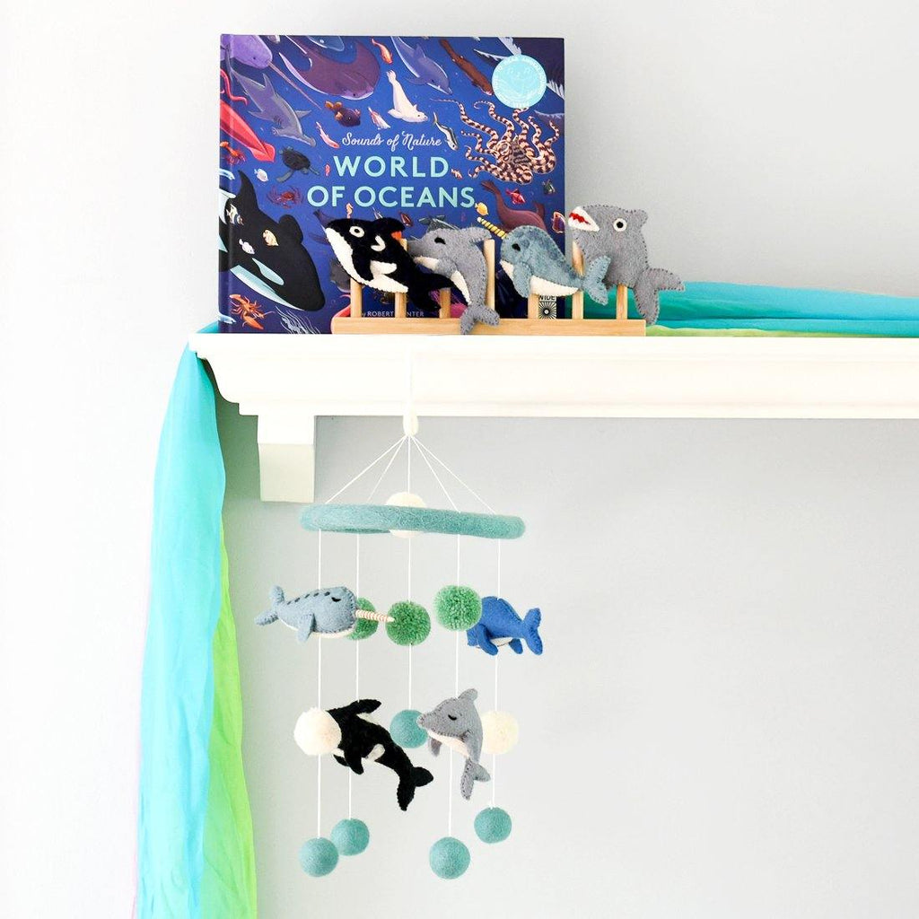 felt nursery cot mobile with the four gorgeous marine mammals - Narwhal, Orca (Killer Whale), Whale and Dolphin