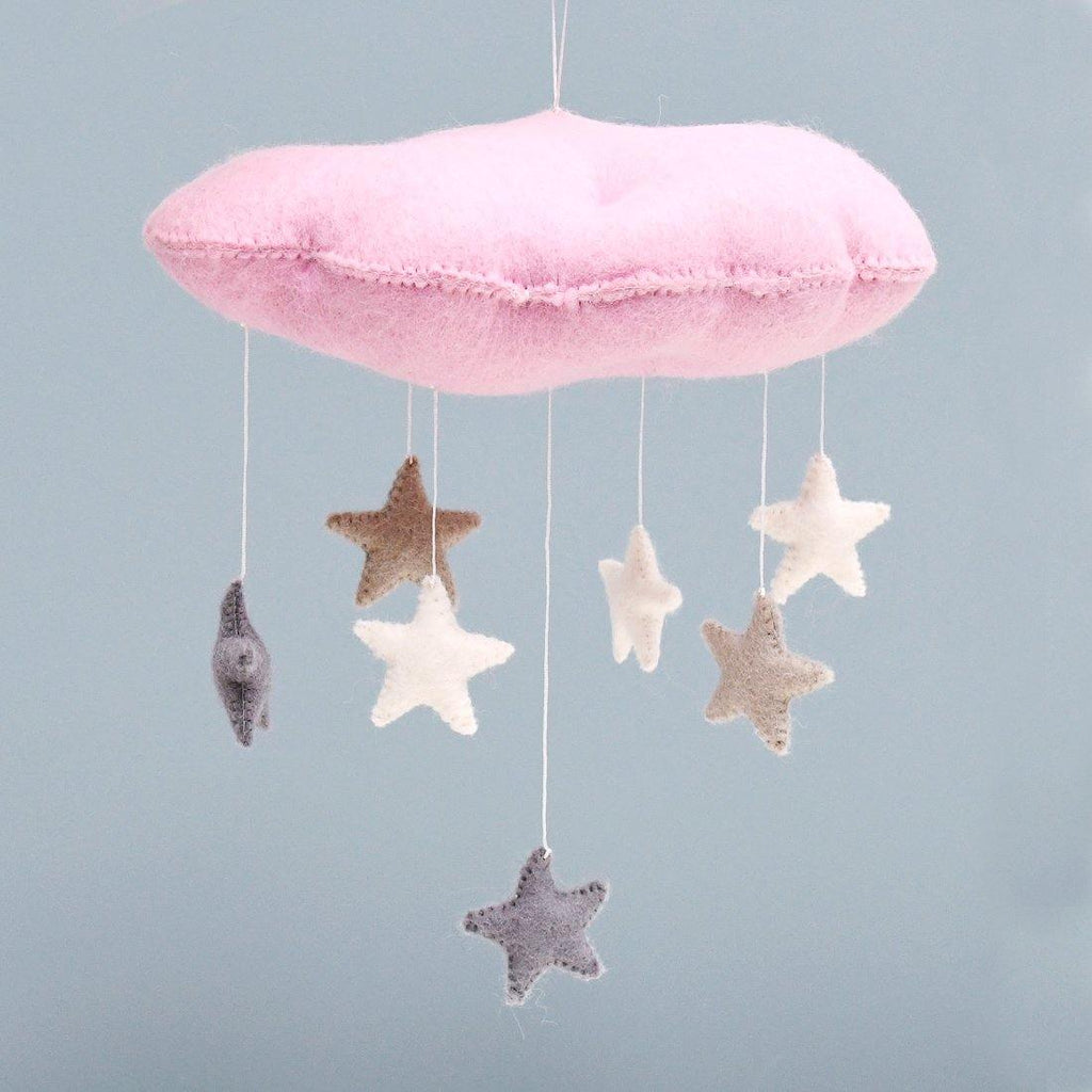 Cloud Nursery Mobile with Stars - 3D Pink - Big Head